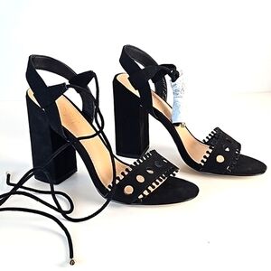 NEW Ann Taylor Loft Black Faux Suede Laser Cut Ankle Wrap Block Heel San…